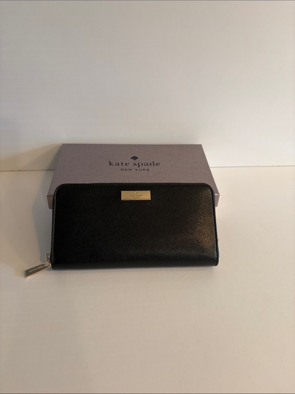 kate spade Black Saffiano Zip Wallet with Gold Plaque